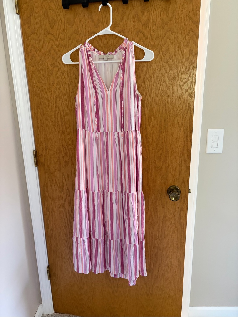 Loft Striped Pink Tiered Midi Dress